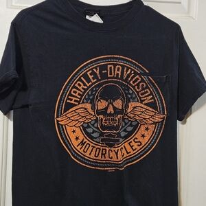 Harley-Davidson Men’s Black Graphic T-Shirt with Orange Logo With Pocket.